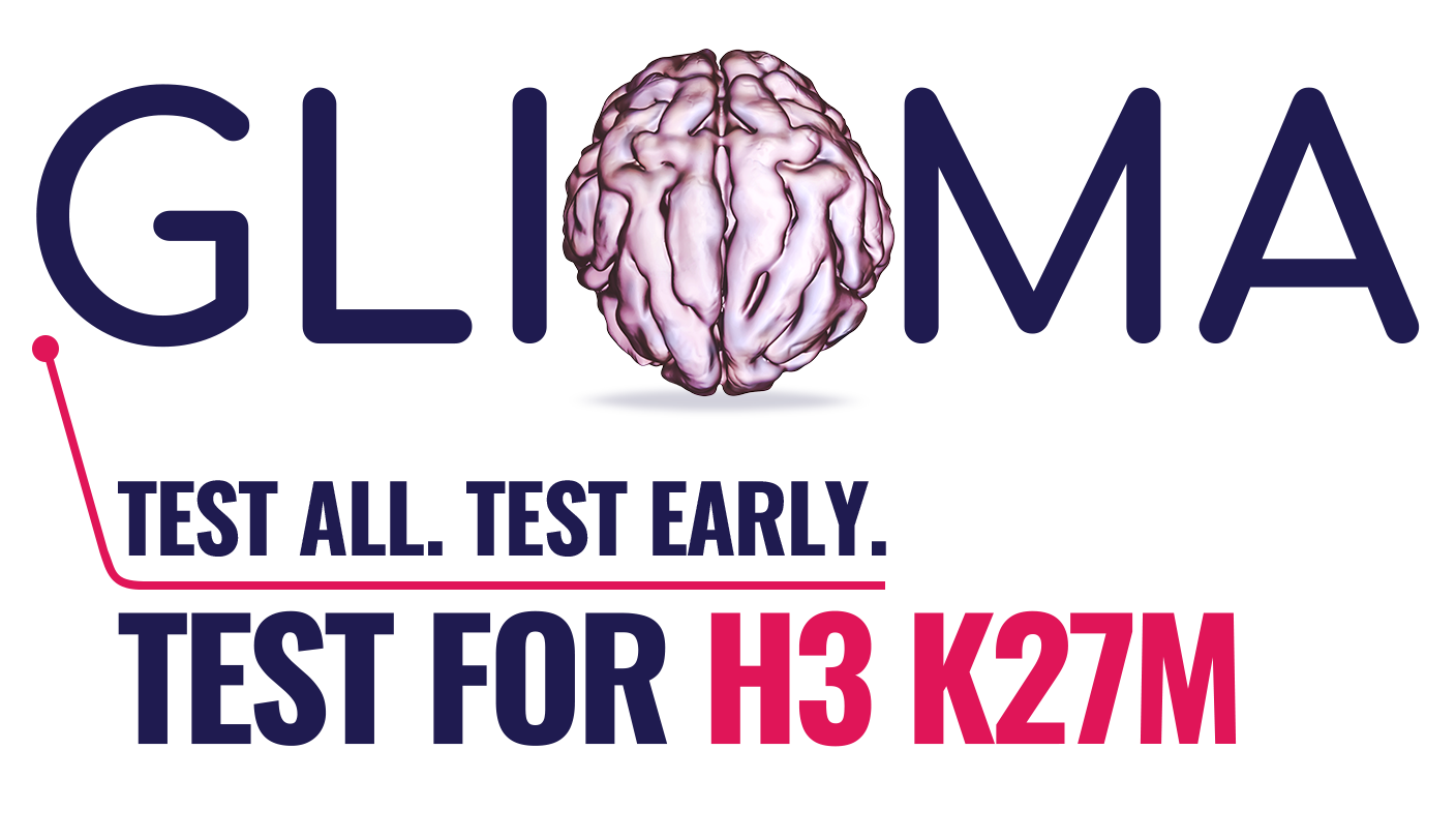 Test all. Test early. Test for H3 K27M–mutant Diffuse Glioma Hero Stylized GLIOMA hero with a brain image as the O indicating the importance of testing for H3 K27M mutation in all diffuse gliomas